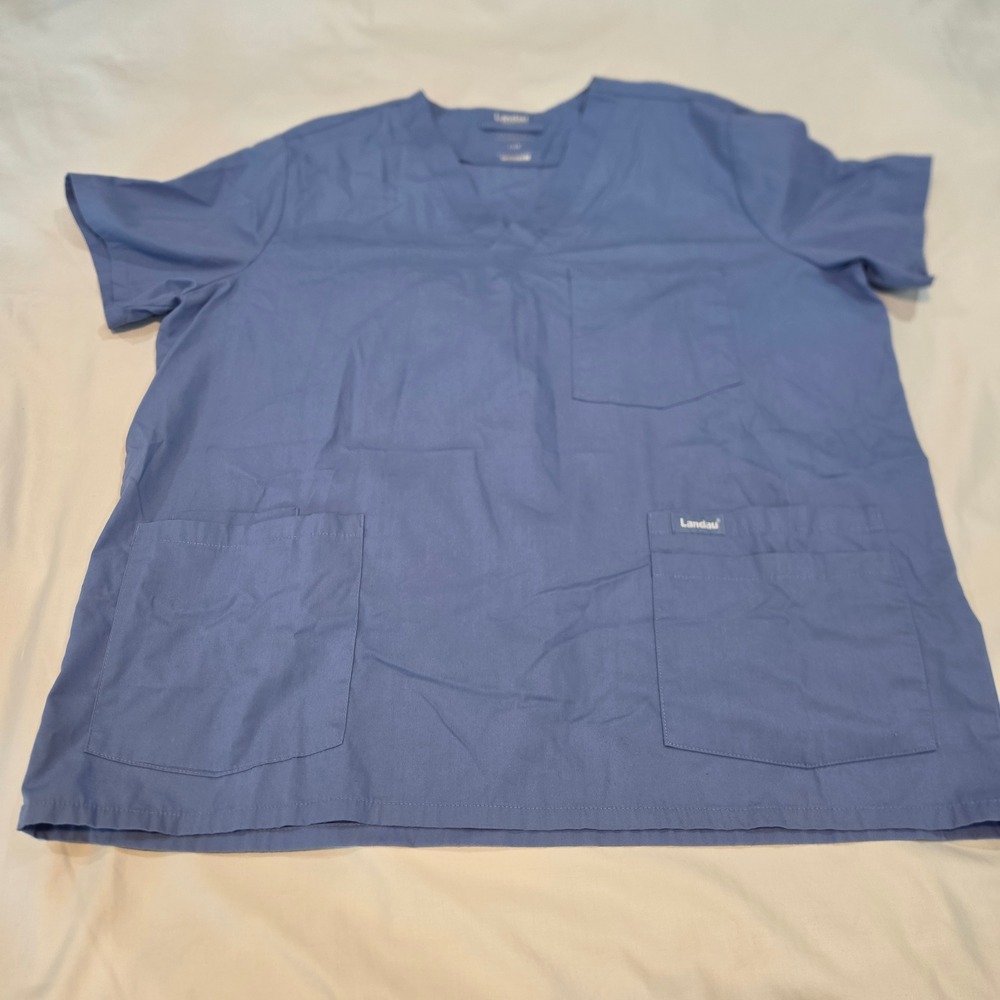 Landau Scrub Top Unisex Large Blue Excellent Classic Fit V-Neck 3-Pocket 7489